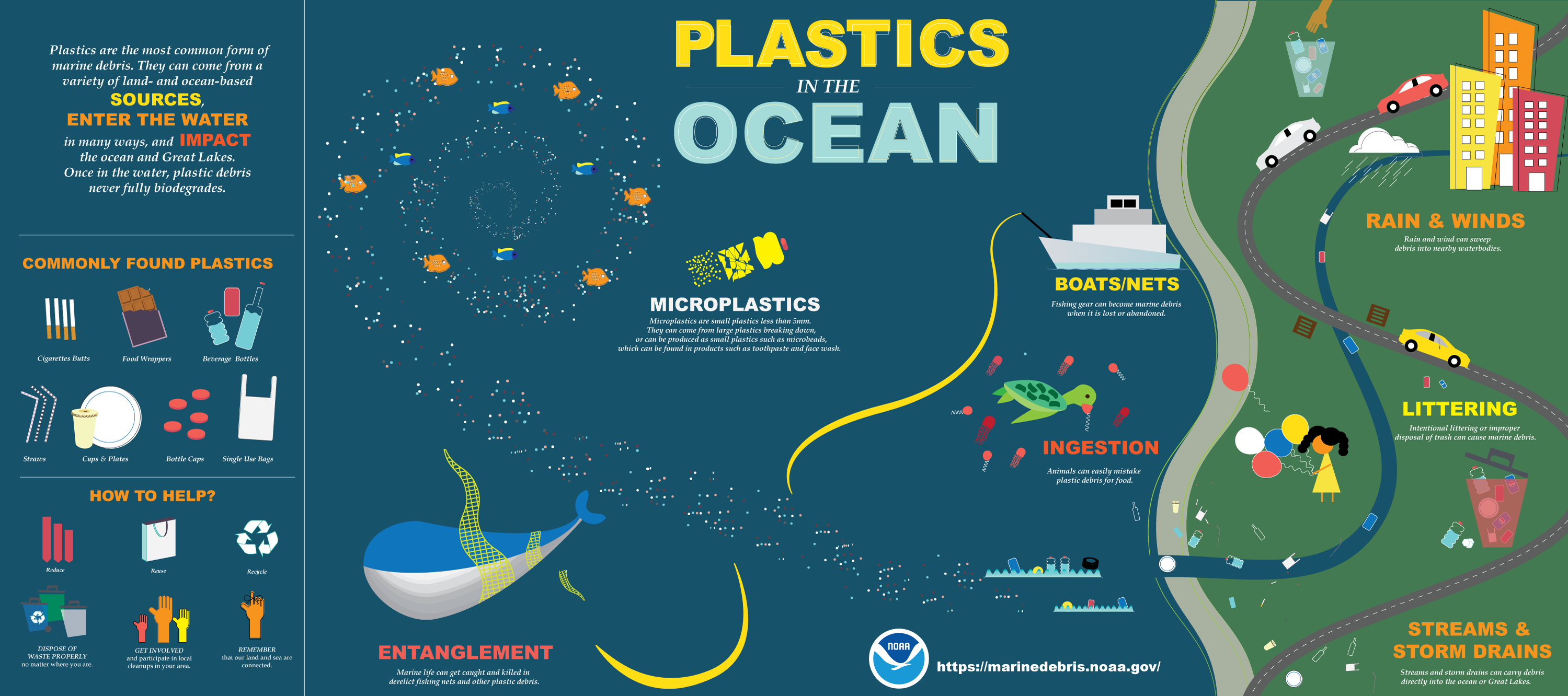 Plastics are the most common form of marine debris. They can come from a variety of land- and ocean-based sources, enter the water in many ways, and impact the ocean and Great Lakes. Once in the water, plastic debris never fully biodegrades (illustration courtesy of NOAA).