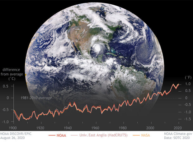 Earth's surface temperature each year from 1900–2020 compared to the 1981-2020 average, based on temperature histories put together by three different research groups: NOAA (red), University of East Anglia (pink line), and NASA (orange line). All show Earth is warming. (Image courtesy of NOAA Climate.gov, adapted from State of the Climate 2020).
