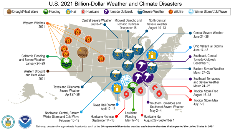 In 2021, the United States experienced record-smashing 20 weather or climate disasters that each resulted in at least $1 billion in damages. (NOAA map by NCEI).