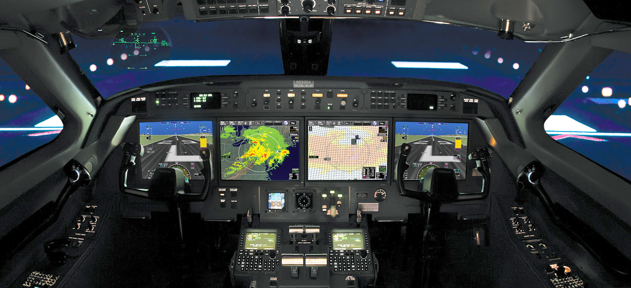 Digital composition of Gulfstream cockpit with screens showing svd-pfd2 / weather / etc. foxtrot enhancements (by Charly W. Karl CC BY-ND 2.0 via Flickr).