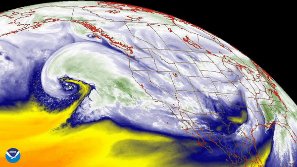 An atmospheric river interacting with an area of low pressure is bringing heavy rain to California. (Image credit: NOAA via SPACE.com)