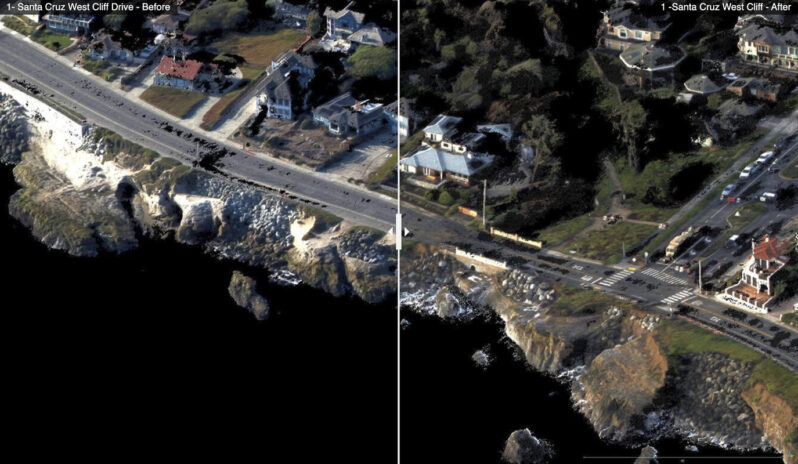 Views of the Santa Cruz, California coast before (Sept. 13, 2022) and after (Jan. 5, 2023) the powerful storms of early January 2023. (by USGS, public domain)