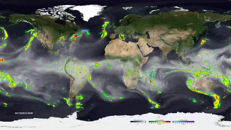 Atmospheric rivers occur all over the world in this global view from February, 2017 (courtesy of NASA | Goddard Space Flight Center Visualization Studio).