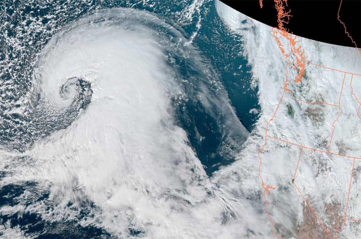 A satellite image shows a bomb cyclone over the Pacific Ocean on Jan. 3, 2023 (by: National Weather Service/NOAA)