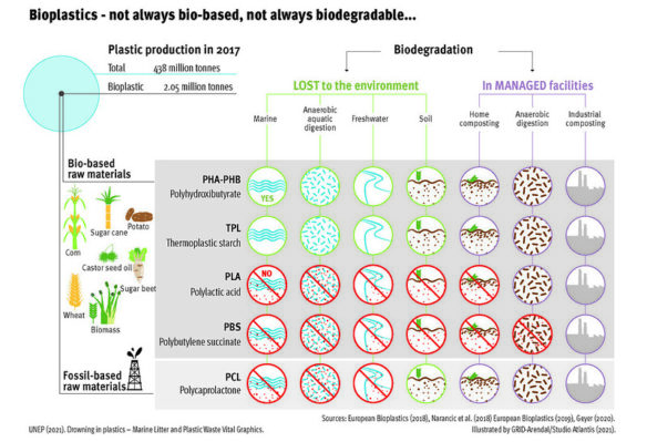 Pros and cons of biodegradable plastics and bioplastics (by GRID-Arendal CC BY-NC-SA 2.0 via Flickr www.grida.no/publications/749).