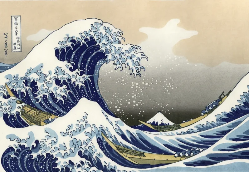Hokusai's The Great Wave at Kanagawa (1760-1849) vintage Japanese Ukiyo-e woodcut print (Public domain image via Wikimedia, digitally enhanced by rawpixel).