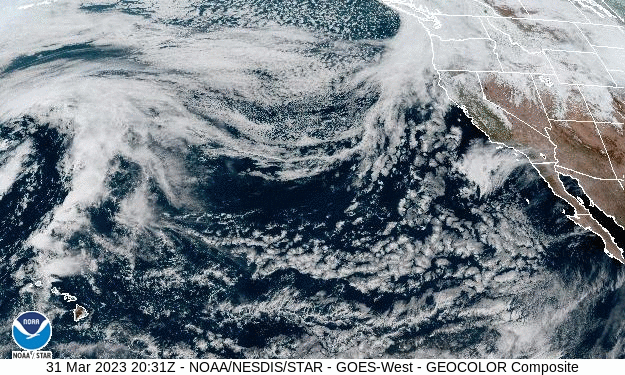 March 31 - April 1, 2023 Satellite animation showing weather patterns off the coast of California (courtesy of NOAA)