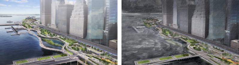 The new waterfront esplanade proposed for the Financial District in Lower Manhattan modeled during normal weather conditions and coastal storm conditions (from the Financial District and Seaport Climate Resilience Master Plan by the Mayor's Office of Climate Resiliency and NYCEDC via nyc.gov).