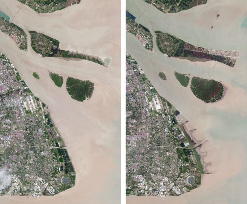 Satellite view comparison of Hangzhou Bay, 40 miles from downtown Shanghai in 2016 (left) and 2019 (courtesy NASA Earth Observatory, by Joshua Stevens using Landsat data from the US Geological Survey).