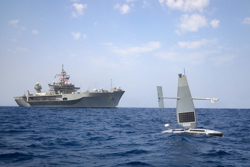 USS Mount Whitney (LCC 20) operates with a Saildrone Explorer in the Red Sea (by Cpl. DeAndre Dawkins, US Navy CC BY 2.0 via Flickr).