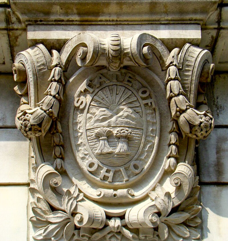Ohio state seal on the library building, Ohio State University (by Dr. Bob Hall CC BY-SA 2.0 via Flickr).