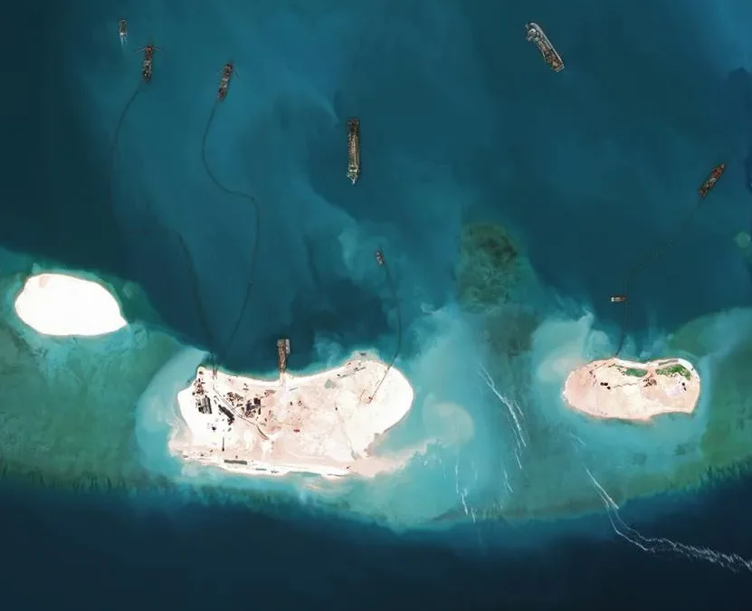 Sediment being pumped onto Mischief Reef, March 16, 2015 (by DigitalGlobe, via CSIS Asia Maritime Transparency Initiative)
