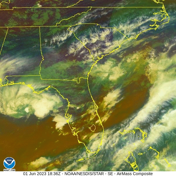 Air Mass RBG imagery of Southeastern United States, June 1, 2023 (courtesy of NOAA-GOES-EAST public domain).