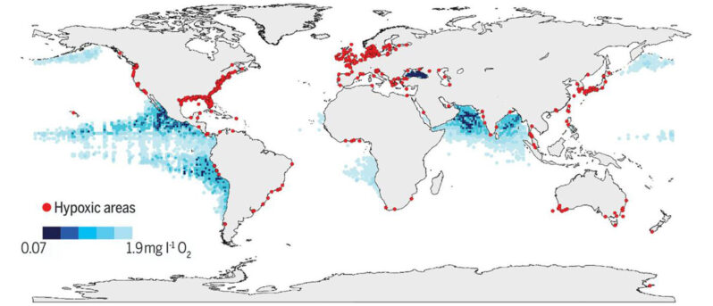 Global areas of hypoxia: Global map of low and declining O2 levels in the open ocean and coastal waters from Breitburg et al. (2018) (Map created from data provided by R. Diaz, updated by members of the GO2NE network, and downloaded from the World Ocean Atlas 2009., CC BY-SA 4.0 via Wikimedia).