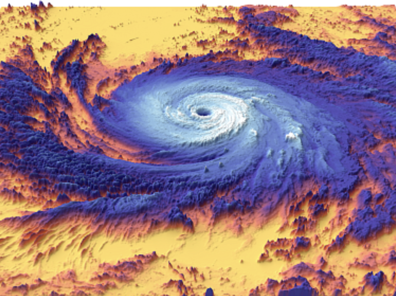 Thermal (heat) image view of Category 5 Hurricane Maria in 2017, as seen by NASA’s Terra satellite. Yellow and orange are the warm ocean waters, and blue and white are the hurricane’s tall, cool cloud tops (courtesy of NASA, public domain via NASA earth observatory).