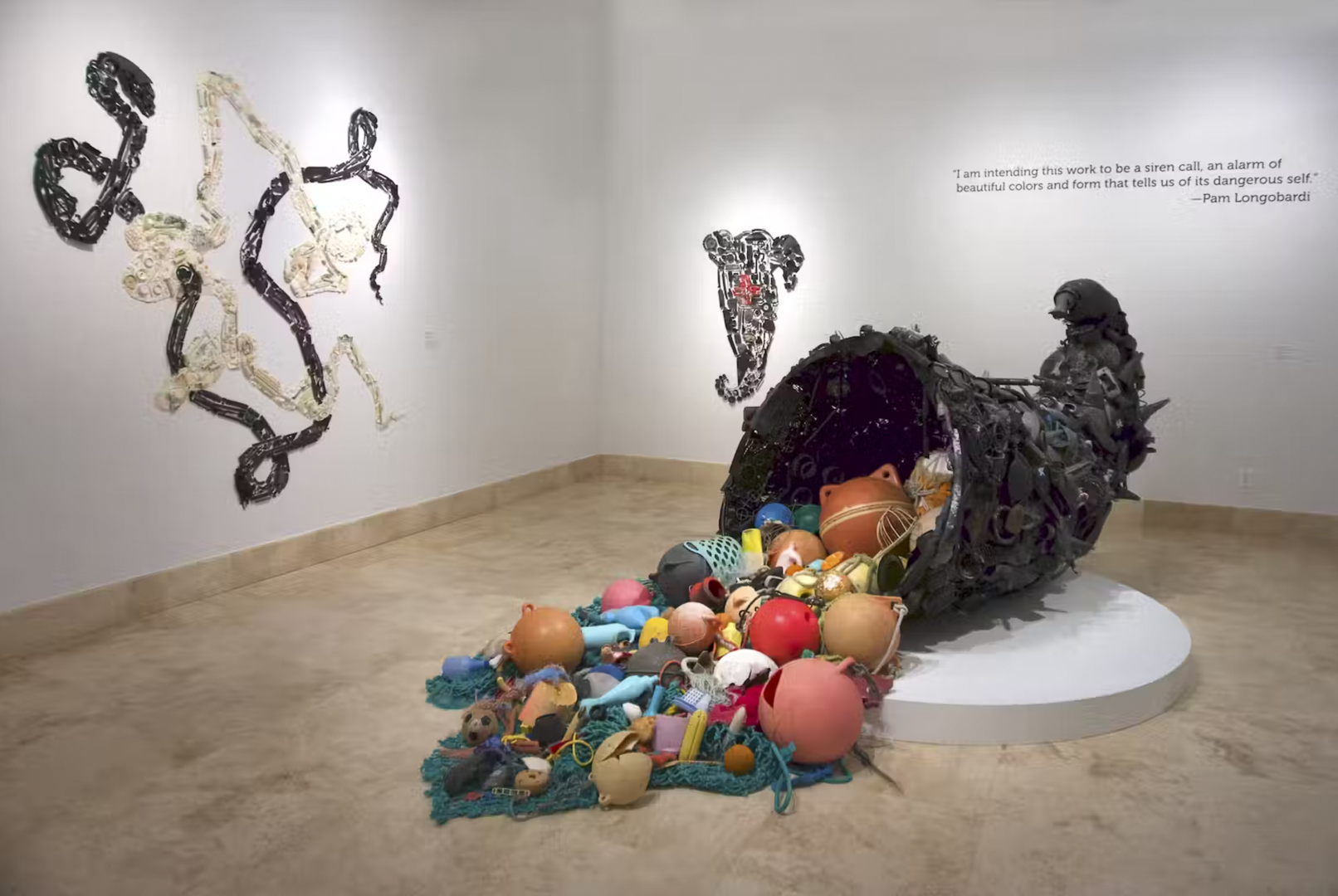 ‘Bounty Pilfered’ (center), ‘Newer Laocoön’ (left) and ‘Threnody’ (right). All made of ocean plastic from the Atlantic, Pacific and Gulf of Mexico, installed at the Baker Museum in Naples, Fla., 2022 (by Pam Longobardi, CC BY-ND via the Converstion).