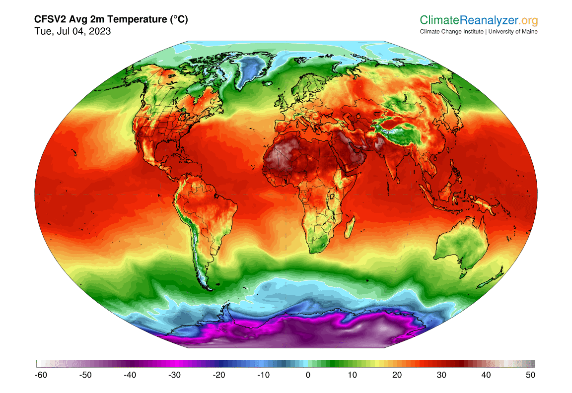 Global temperatures on July 4th, 2023 (courtesy of Climate Reanalyzer.Org | University of Maine | NOAA CC BY-NC 4.0).