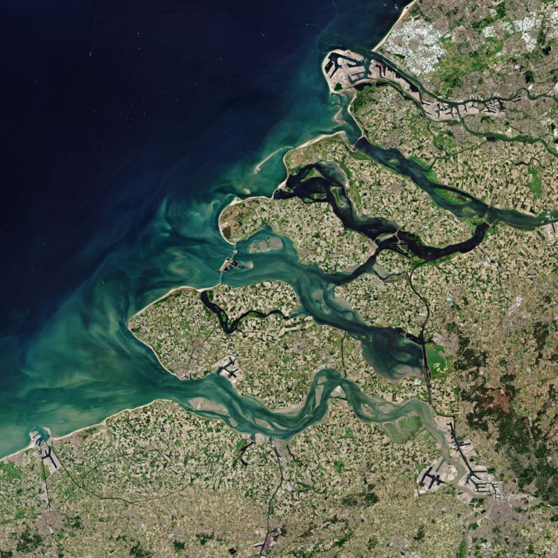 Zeeland, Netherlands as seen from the Copernicus Sentinel-2 mission (courtesy of by the European Space Agency, CC BY-SA 3.0 IGO via www.esa.int)