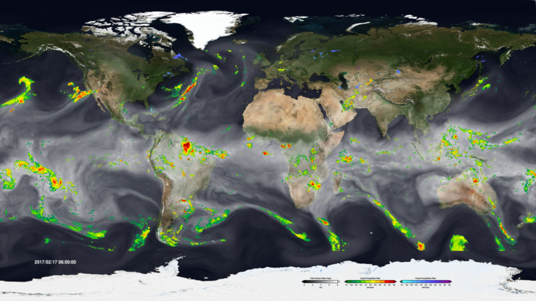Atmospheric rivers occur all over the world in this global view from February, 2017. Illustration courtesy of NASA/Goddard Space Flight Center Scientific Visualization Studio - Lead Animator: Horace Mitchell (NASA/GSFC), VIRRS Suomi NPP natural color image courtesy of NASA/Earth Observatory/Jesse Allen)