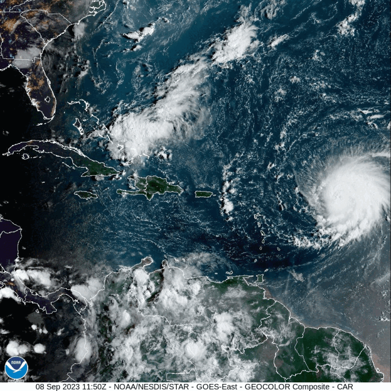 Composite imagery of Hurricane Lee over the Caribbean, 8 September, 2023 (Courtesy NOAA | NESDIS | STAR - GOES-East, public domain).