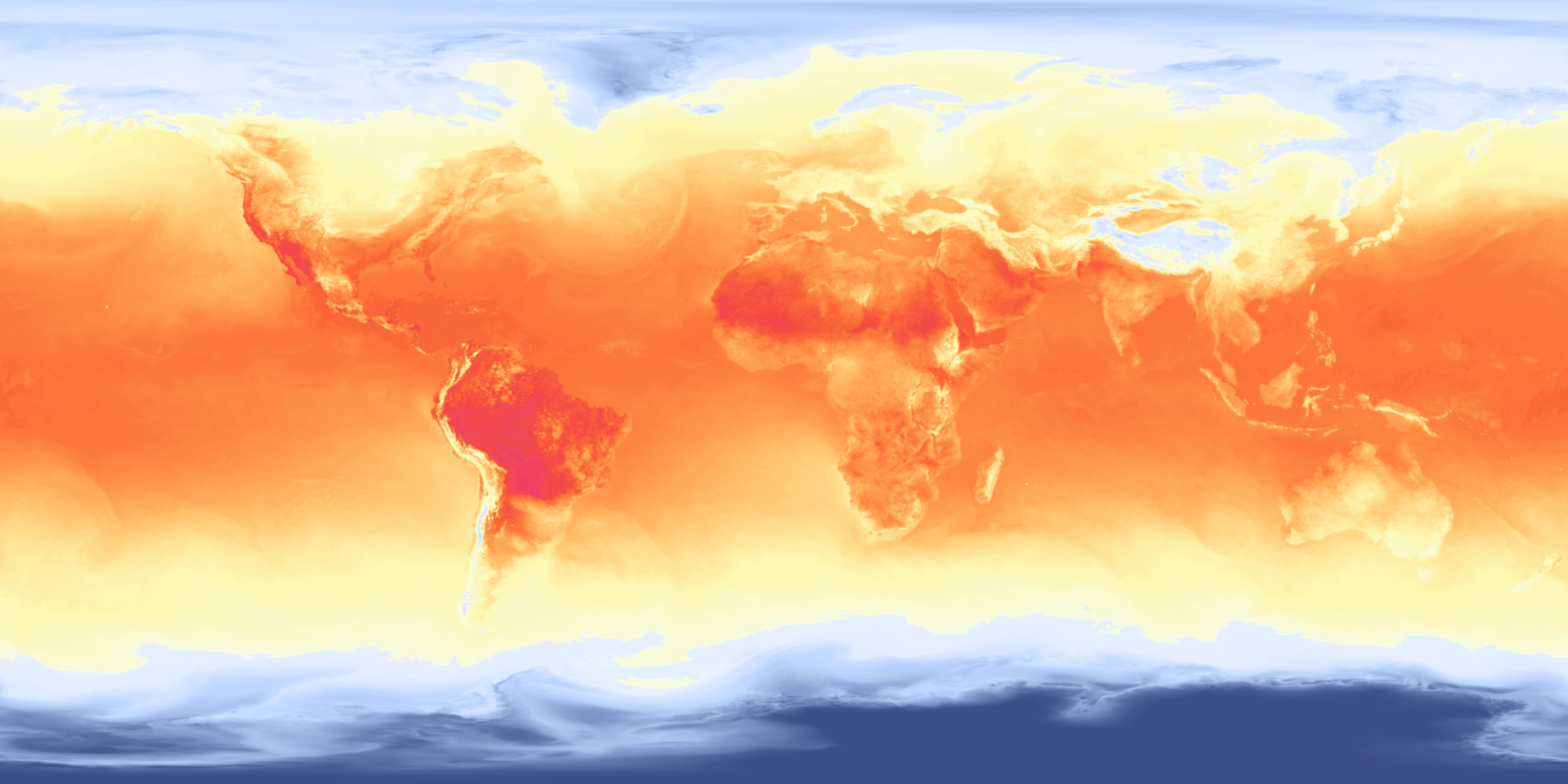 Image at top: Air Temperature at the Surface, 2pm October 6, 2023: Temperature across the planet has great variation in time and space. This imagery shows the predicted air temperature (at 2 meters). Pink and orange areas are hot; yellow areas are mild; and a distinct transition to blue occurs at the freezing point (Courtesy of NOAA - generated by CoastalCare.org via View Global Data Explorer website, Public Domain).