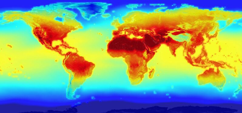 "The Earth in 2100" Edited NASA visualization of climate change (specifically temperature) will probably look like by the year 2100 (by Stuart Rankin CC BY-NC 2.0 DEED via Flickr).