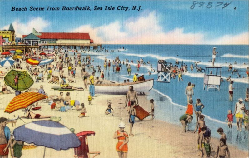 Postcard Beach scene from Boardwalk, Sea Isle City N. J. c. 1930–1945 (courtesy of Boston Public Library, The Tichnor Brothers Collection, public domain).