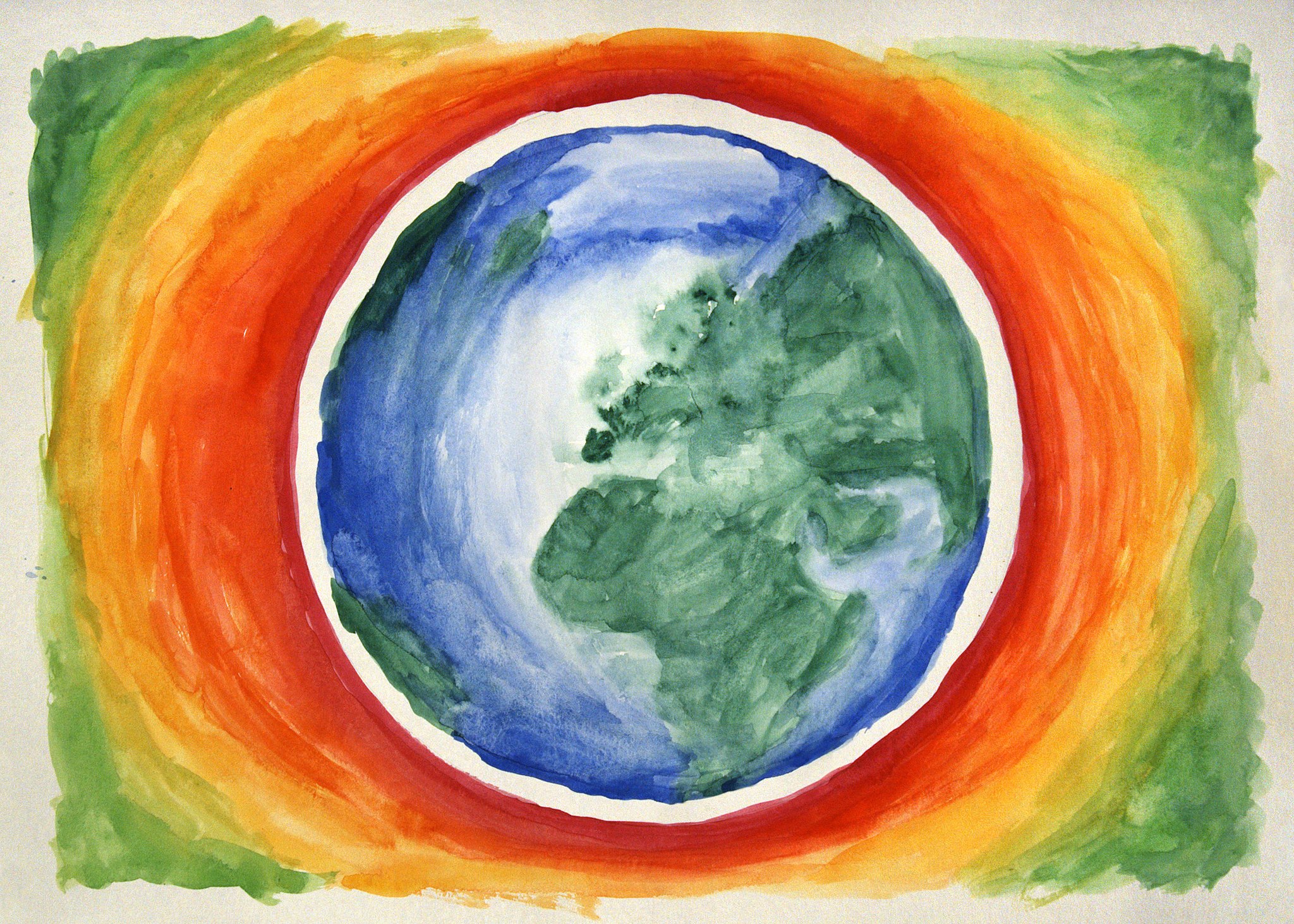 Watercolor painting of the earth with hot gradient (by Martin Eklund, CC0, via Wikimedia Commons).