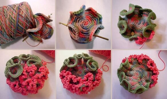 Evolution of a hyperbolic pseudosphere in crochet (by Cheryl, CC BY-SA 2.0 DEED via Flickr).