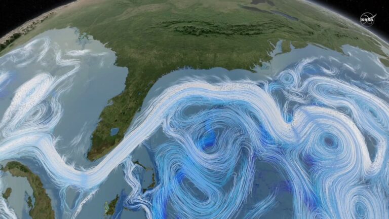 The Atlantic Meridional Overturning Circulation acts as a conveyor belt of ocean water from Florida to Greenland. Along the journey north, water near the surface absorbs greenhouse gases, which sink down as the water cools near Greenland. In this way, the ocean effectively buries the gases deep below the surface (Courtesy of NASA's Goddard Space Flight Center, caption by Ellen T. Gray)