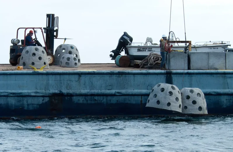 "Living Shoreline" large dome artificial reefs are ready to be positioned off the coast of Florida (by Amanda Nalley, courtesy of Florida Fish and Wildlife https://creativecommons.org/licenses/by-nd/2.0/ via Flickr).
