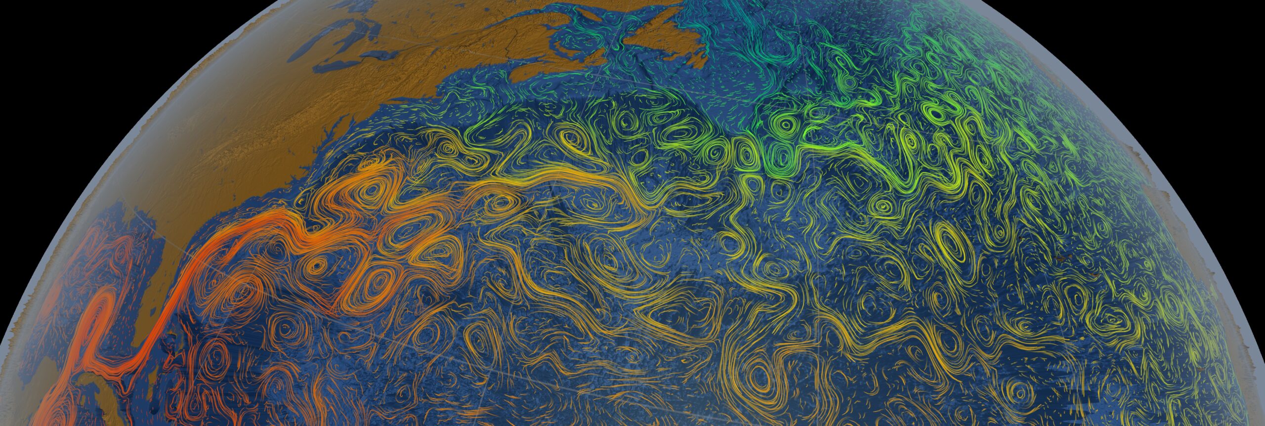 This visualization shows the Gulf Stream (ocean flows are colored with sea surface temperature data) stretching from the Gulf of Mexico all the way over towards Western Europe (by Greg Shirah - Lead Animator, Horace Mitchell - Animator, Hong Zhang - Scientist, Dimitris Menemenlis - Scientist, Courtesy NASA/Goddard Space Flight Center Scientific Visualization Studio, Public Domain).