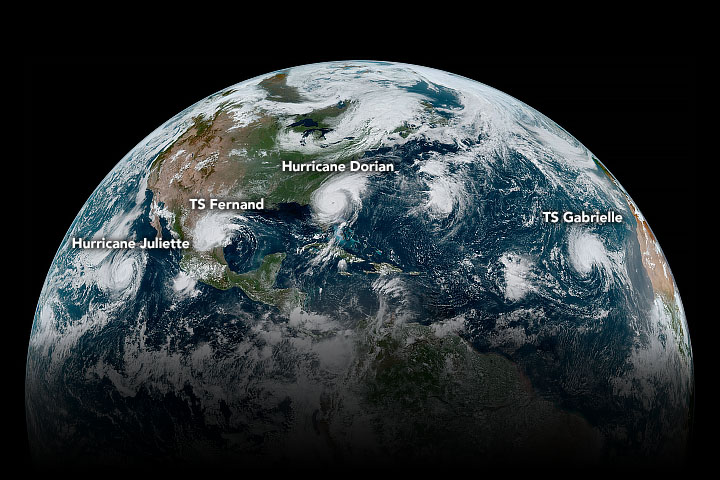 In early September 2019, a loose chain of tropical cyclones lined up across the Western Hemisphere.(by Joshua Stevens, using GOES 16 imagery courtesy of NOAA and the National Environmental Satellite, Data, and Information Service (NESDIS). Caption by Kathryn Hansen, courtesy of NASA Earth Observatory,)