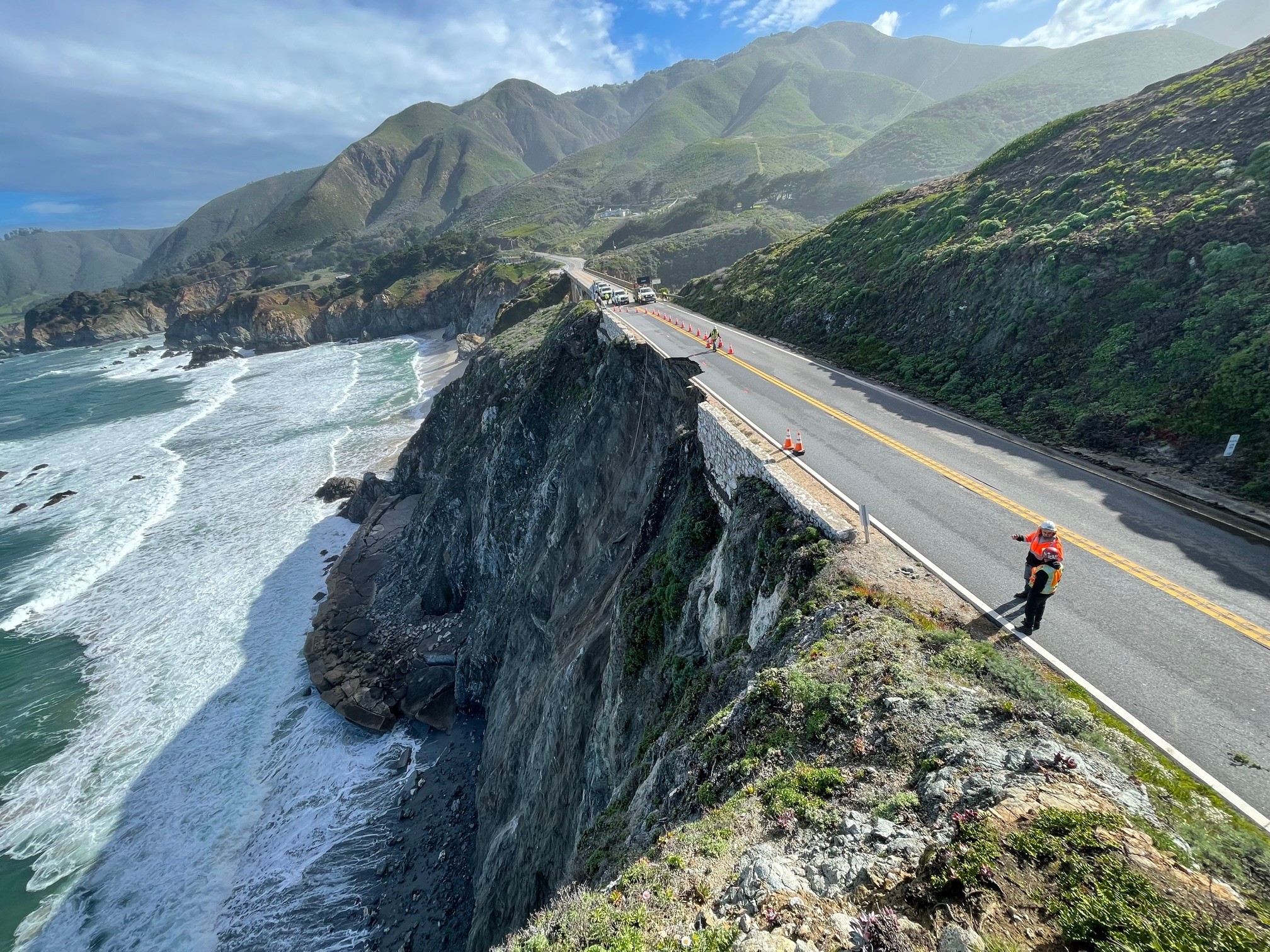 California Coast Highway 1 remains closed on the Big Sur Coast due to a slip out of the road just south of the Rocky Creek Bridge (Courtesy of Caltrans District 5, public domain via X).