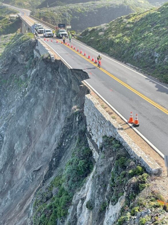 A section of the Pacific Coast Highway falls into the ocean on the Big Sur Coast south of the Rocky Creek Bridge (Courtesy of Caltrans District 5, public domain via X).