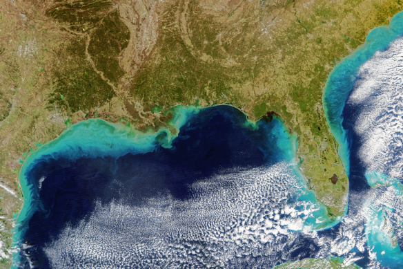 Southeastern United States, after winter rains brought sediments from rivers flowing to the East of the Rockies into the Gulf of Mexico and the Atlantic Coast (captured by the VIIRS instrument aboard the NOAA-20 satellite on December 18, 2023, courtesy of NASA/OB.DAAC).