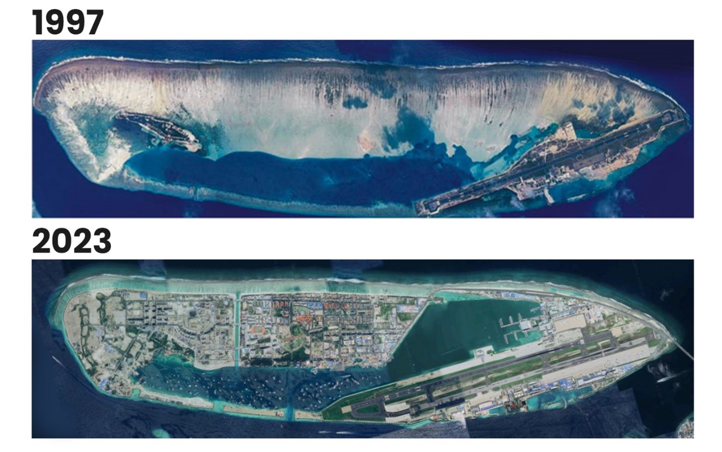 Satellite image of Hulhumalé from 1997 and 2023 (Courtesy of the Housing Development Corporation of Maldives via UNDP-Maldives).