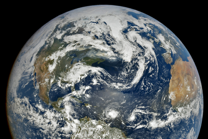 Two named storms developed over the tropical Atlantic Ocean east of the Caribbean Sea in June 2023 (Courtesy of NASA Earth Observatory, by Lauren Dauphin, using data from DSCOVR EPIC).