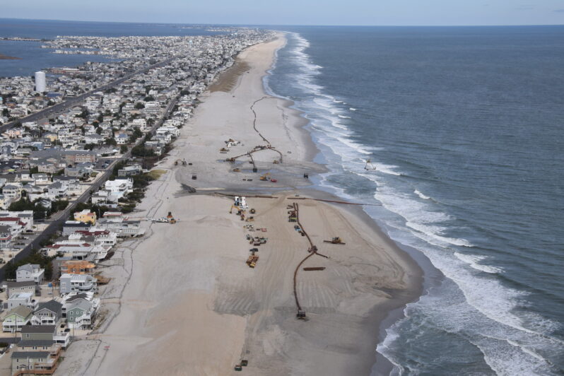 A 2015 U.S. Army Corps of Engineers project on Long Beach Island, NJ pumped more than 8 million cubic yards of offshore sand onto the beach to create a dune and berm system designed to reduce storm damages (Courtesy of U.S. Army Corps of Engineers, public domain, via Flickr).