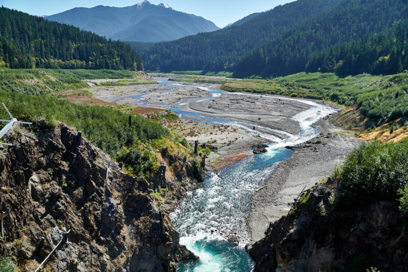 Glines Canyon Dam Remains: the Elwha River freely flows to sea again after dam is broken up in around 2013.(by Alan Sandercock CC BY 2.0 via Flickr).