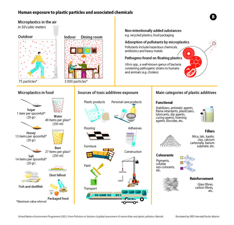 People can also be exposed to microplastic particles by ingesting contaminated seafood, or be exposed to it in drinking water, bread, processed meat, dairy products and vegetables. Much of the microplastics in foods may originate from plastic packaging materials, including plastic bottles. In addition, microplastics, particularly microfibres, are present in air, especially indoors They are respirable and small enough to penetrate deeply into the human lung, where plastic microfibres up to 250 μm in length have been detected. (see www.grida.no/publications/747, courtesy of GRID-Arendal, CC BY-NC-SA 2.0 via Flickr).