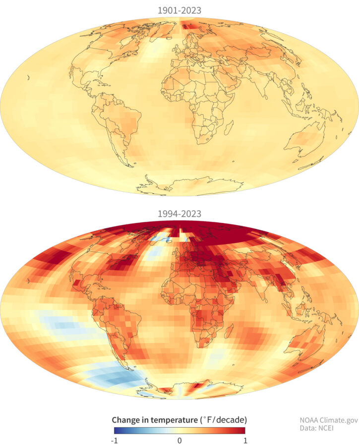 Trends in annual surface temperature in the past few decades (1994-2023, bottom) compared to the trend since the start of the 20th century (Courtesy of NOAA Climate.gov, based on data provided by NOAA National Centers for Environmental Information, public domain)