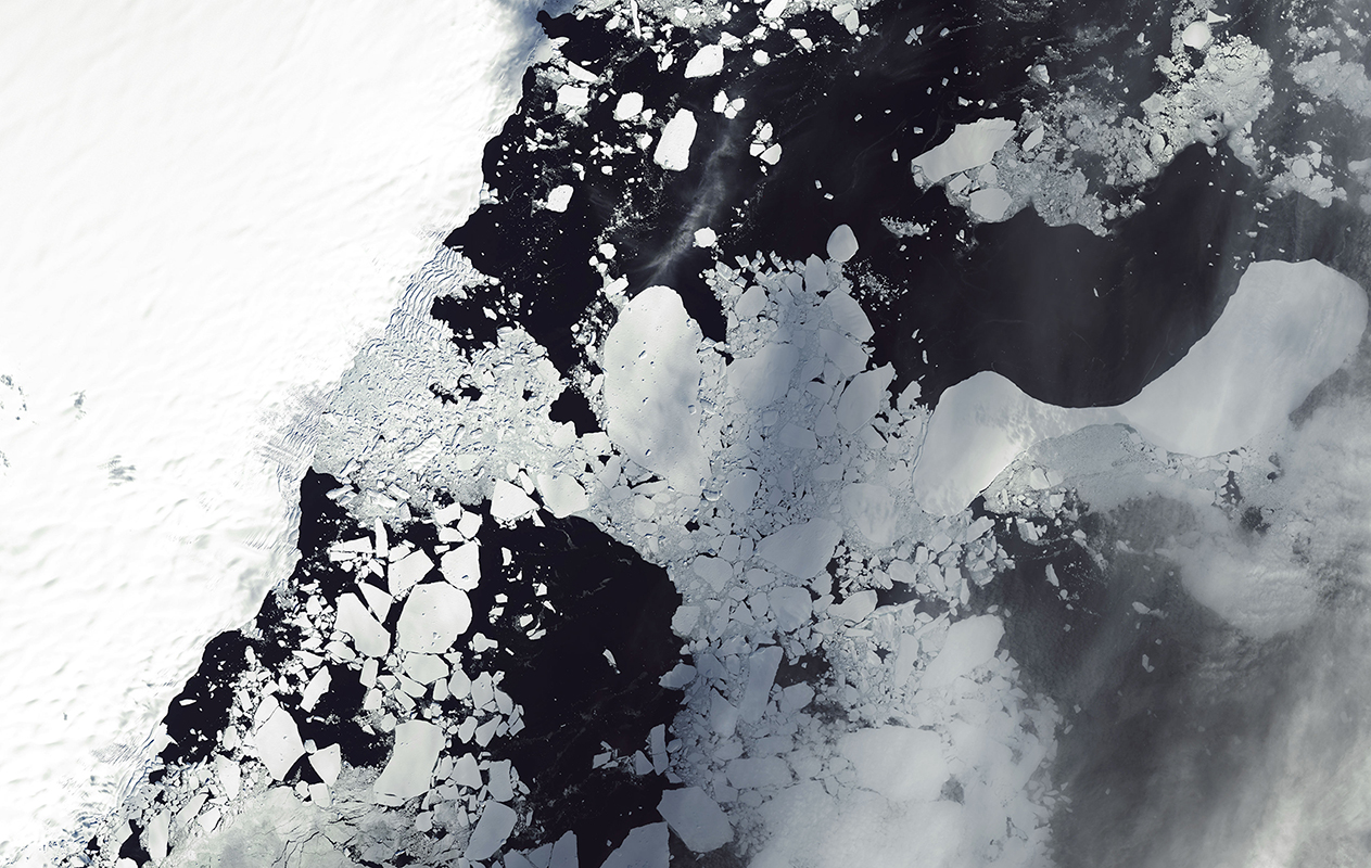 The shelf’s disintegration in March 2022 has reshaped a landscape where coastal glacial ice was once thought to be stable. (courtesy of NASA Earth Observatory, by Lauren Dauphin, using Landsat data from the U.S. Geological Survey and MODIS data from NASA EOSDIS LANCE and GIBS/Worldview, public domain).