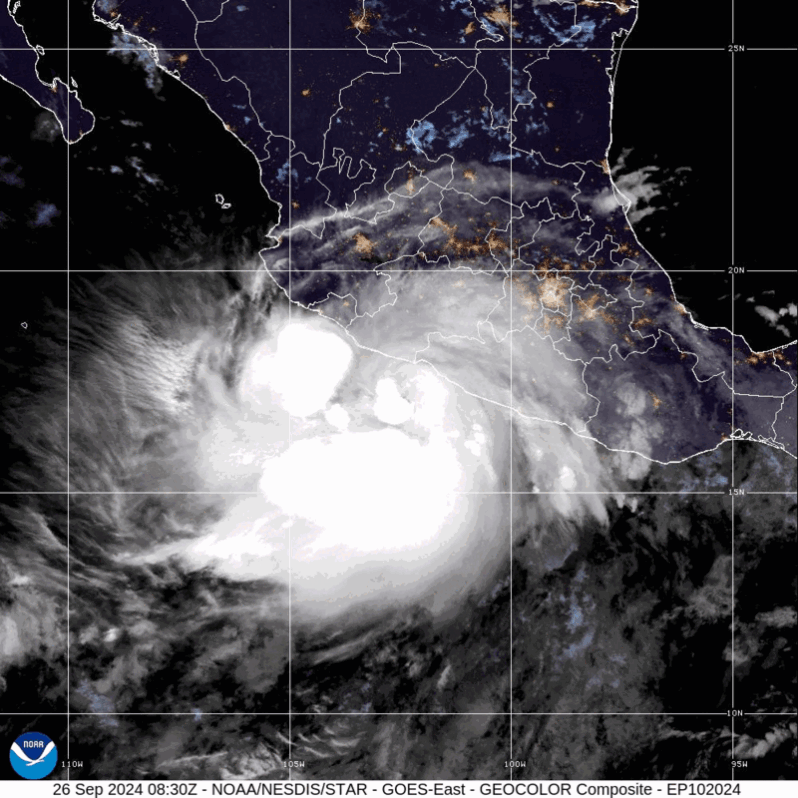 As Thursday, September 26, the center of Hurricane John was located near 17.1, -102.5 with movement WNW at 3 mph. The minimum central pressure was 982 mb with maximum sustained winds of about 70 mph.(Courtesy of CIRA/NOAA, public domain).