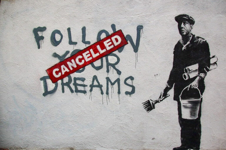 Banksy in Boston: F̶O̶L̶L̶O̶W̶ ̶Y̶O̶U̶R̶ ̶D̶R̶E̶A̶M̶S̶ CANCELLED, Essex St, Chinatown, Boston (by Chris Devers CC BY-NC-ND 2.0 via Flickr).