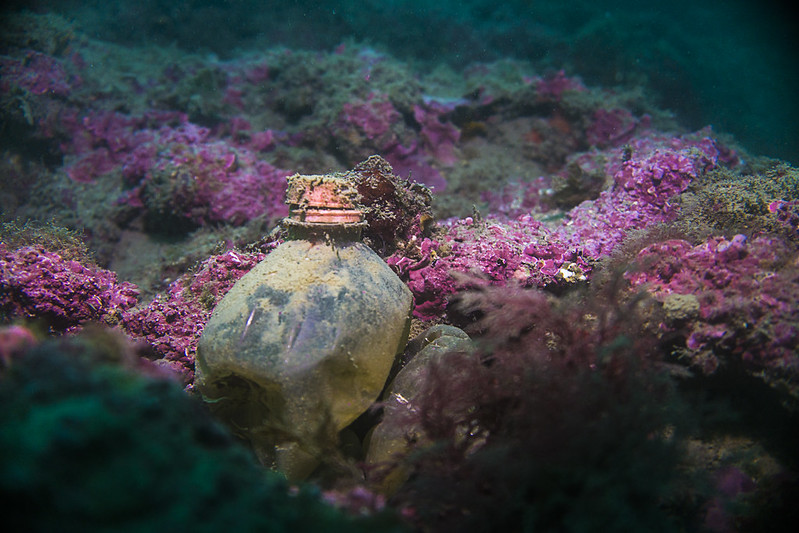 Spring Water. A plastic bottle on a rocky substrate covered by coralligenous formations at minus 18 meter (by Giuseppe Lupinacci courtesty of Ars Electronica CC BY-NC-ND 2.0 via Flickr).