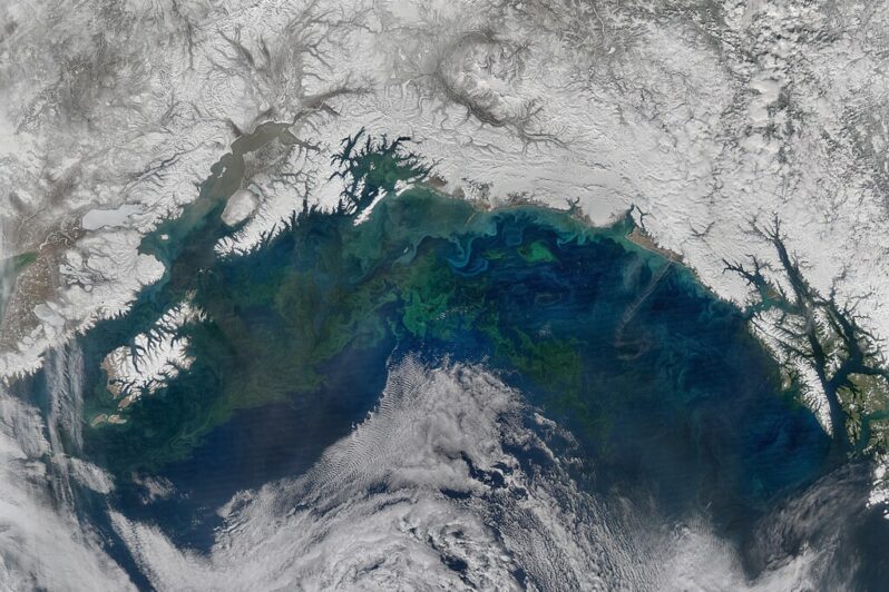 Gulf of Alaska, April 12, 2017 (courtesy NASA Goddard Space Flight Center from Greenbelt, MD, USA, Public domain, via Wikimedia).