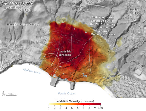 NASA’s UAVSAR airborne radar instrument captured data in fall 2024 showing the motion of landslides on the Palos Verdes Peninsula following record-breaking rainfall in Southern California in 2023 and another heavy-precipitation winter in 2024. Darker red indicates faster motion. (courtesy of NASA Earth Observatory via JetPopulsionLab website).