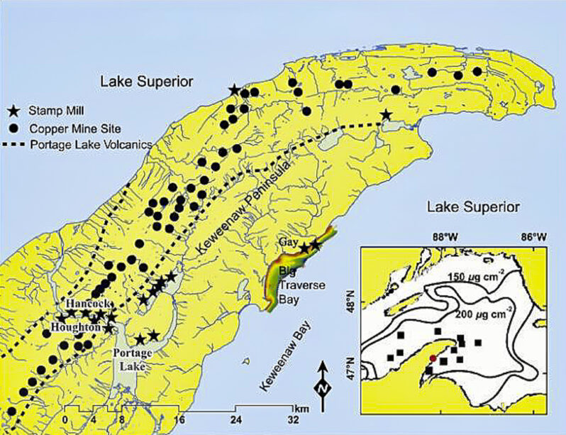 Figure 1. Index Map (after Kerfoot et al. 2004, 2019, 2021) of Keweenaw Peninsula that juts out into southern Lake Superior (Inset). The region was subject to intensive mining of copper and other metal ores in the 19th and 20th centuries from the zones of Precambrian meta-igneous and sedimentary rocks (e.g., the ore-bearing Portage Lake Volcanics). Initial processing of the ores was in stamp mills (stars) located next to inland waters (e.g., Portage Lake, Keweenaw Waterway, Torch Lake), and at three locations on the Lake Superior shore: Gay the focus of this paper (color-shaded area of Big Traverse Bay with coastal stamp-sand accumulation through time); Freda/Redridge on the NE shore; and Mass Mill near Baraga at the SE shore of Keweenaw Bay (SE corner of Peninsula on Inset – no star). Kerfoot et al. (2004) studies of sediment cores from Lake Superior show widespread copper concentration (contours) with high concentrations of 200—400 µg cm-2 shown at black squares.