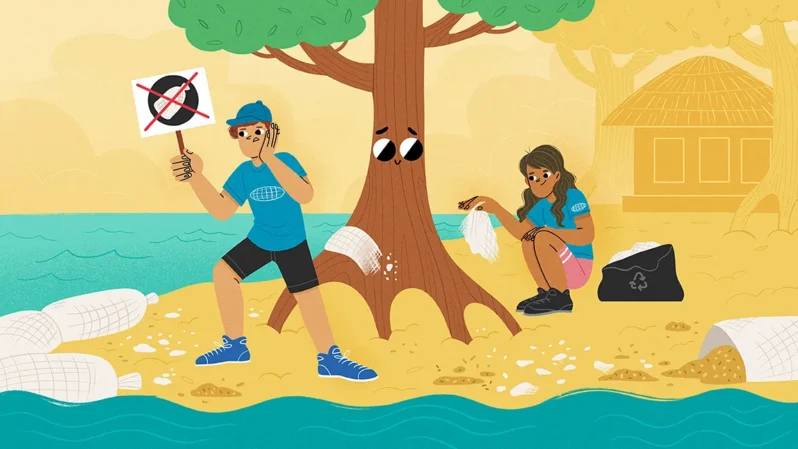 Artist illustration of children investigating sand bags on the beach, courtesy of Frontiers for Young Minds, CC BY 4.0.